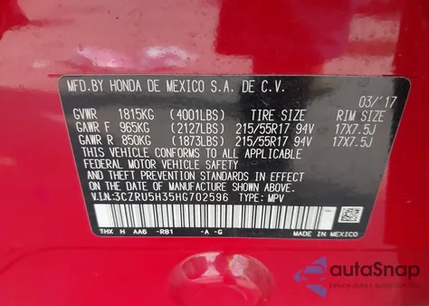 2017 Honda Hr-V Lx из США, поврежденный, VIN 3CZRU5H35HG702596